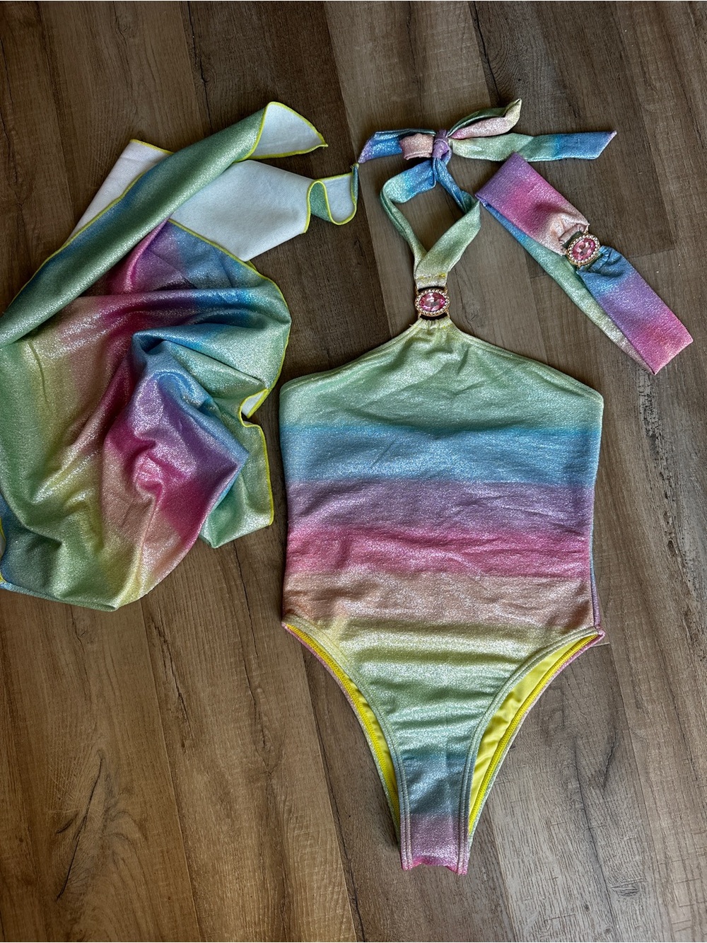 Moda Minx NWOT Lumiére 'Rainbow' Lurex Crystal Halter Women's One-Piece Swimsuit